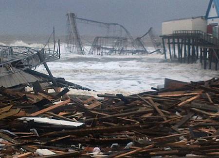 The beloved and historical boardwalk at Seaside Heights, NJ destroyed during Hurricane Sandy 